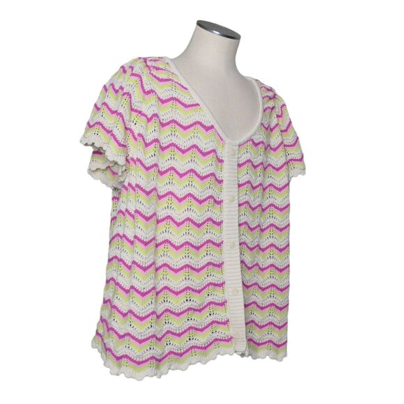 Torrid Women's Sz 6 Crochet Loose Knit Flutter Sleeve Zigzag Top Pink White EUC - Picture 10 of 16